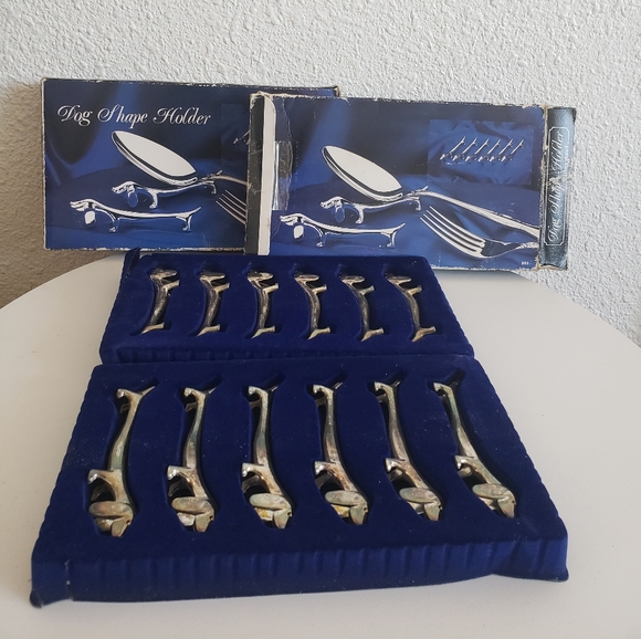 Vintage 2 Boxes Silver Plated Dachshund 6 Each Box Dogs Knifes/Spoons Rests